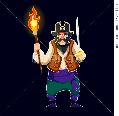 Cartoon stern pirate character with burning torch and sharp saber. Corsair has a thick black mustache, brown vest and purple sash. Vector danger menacing boatswain seaman, bearded filibuster personage Cartoon stern pirate character with burning torch and sharp saber. Corsair has a thick black mustache, brown vest and purple sash. Vector danger menacing boatswain seaman, bearded filibuster personage 137881144