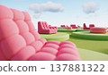Tufted pink lounge chairs on circular green platforms in surreal terrace soft light 137881322