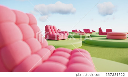 Tufted pink lounge chairs on circular green platforms in surreal terrace soft light 137881322