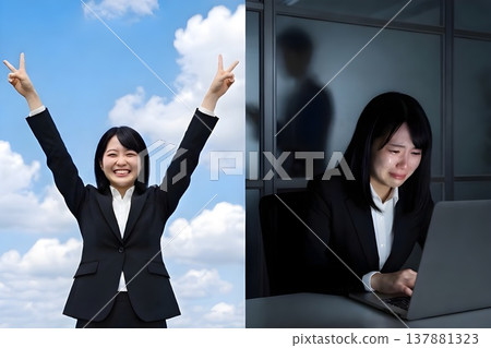 A contrasting image of female business professionals: the ideal versus reality for new employees | Differences in daytime and nighttime work styles (AI generated) 137881323