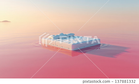Tufted mattress floating solitary object on a glossy pink sea at golden hour, serene 137881332