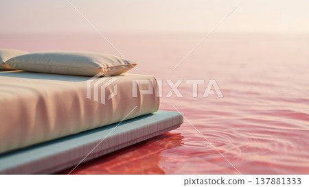 High-end mattress ensemble floating on a tranquil pink saline lake at golden hour 137881333