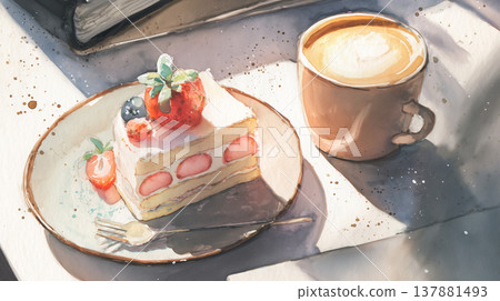 午後在咖啡館裡,用水彩速寫畫了草莓蛋糕和拿鐵。 午後在咖啡館裡,用水彩速寫畫了草莓蛋糕和拿鐵。 137881493