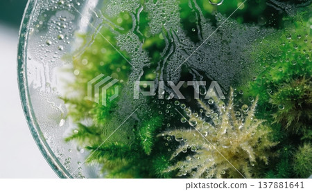 Close up of a humid terrarium with vibrant green moss and water droplets Close up of a humid terrarium with vibrant green moss and water droplets 137881641