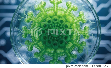 Detailed microscopic view of a green virus like microorganism in a lab Detailed microscopic view of a green virus like microorganism in a lab 137881647