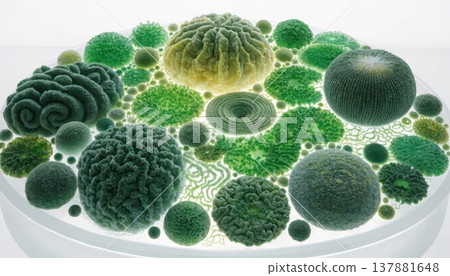 Diverse green organic forms in a petri dish Diverse green organic forms in a petri dish 137881648