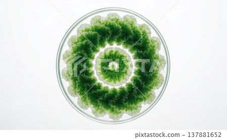 Green algae forming a complex spiral pattern within a laboratory petri dish Green algae forming a complex spiral pattern within a laboratory petri dish 137881652