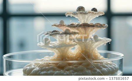Intricate layered organic growth formation in a laboratory petri dish with water droplets Intricate layered organic growth formation in a laboratory petri dish with water droplets 137881657
