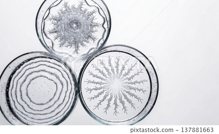 Overhead view of three petri dishes with distinct crystalline and concentric patterns 137881663