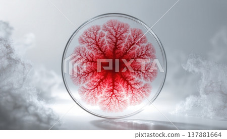 Petri dish revealing intricate red fractal growth scientific research concept Petri dish revealing intricate red fractal growth scientific research concept 137881664