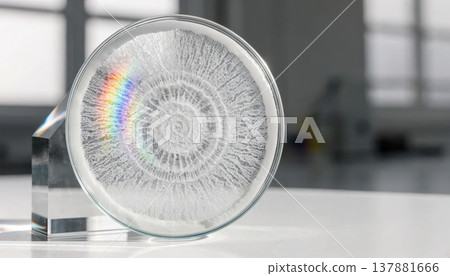 Petri dish with intricate crystalline growth and rainbow spectrum Petri dish with intricate crystalline growth and rainbow spectrum 137881666