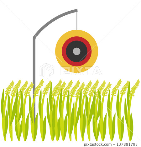 An illustration depicting bird-repellent balloons in rice paddies and measures to prevent bird damage before the rice harvest. An illustration depicting bird-repellent balloons in rice paddies and measures to prevent bird damage before the rice harvest. 137881795