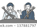插圖描繪了一名男子試駕汽車和一名銷售人員。 137881797