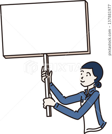 Illustration of a woman in work clothes holding a sign; blue uniform. 137881977