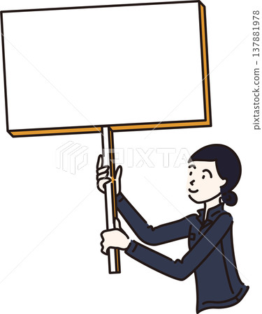 Illustration of a woman in work clothes holding a sign; navy blue uniform. 137881978