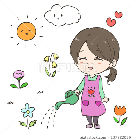 一位微笑的女子正在澆花。 137882039