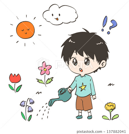 一個臉上帶著驚訝表情的男孩正在澆花 137882041
