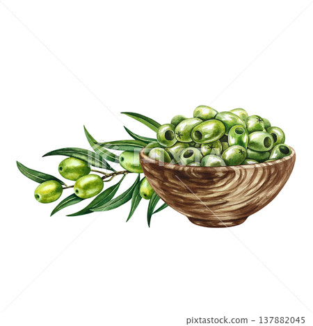 A handful of green, pitted olives in a wooden cup and an olive branch. Hand-drawn watercolor illustration. For creating labels, prints, and decor, as well as packaging, banners, posters, and more. A handful of green, pitted olives in a wooden cup and an olive branch. Hand-drawn watercolor illustration. For creating labels, prints, and decor, as well as packaging, banners, posters, and more. 137882045