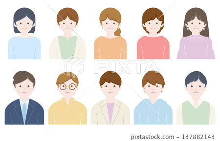 Adults and university students / Colorful smiling upper body set for men and women 137882143