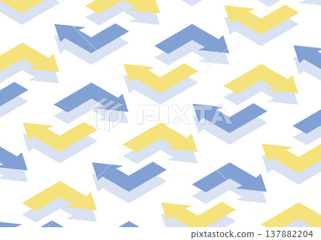 [Transparent Background] An isometric design featuring regularly spaced yellow and blue arrows that bend at right angles. 137882204