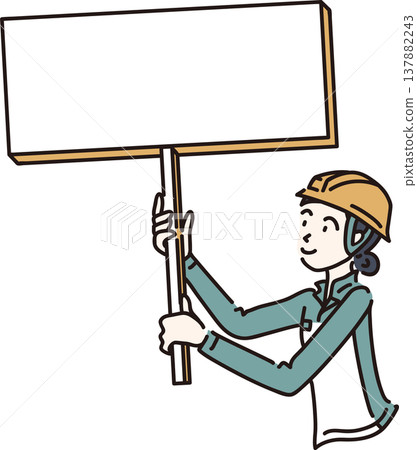 An illustration of a woman in work clothes, wearing a helmet and holding a small sign; her uniform is green. 137882243