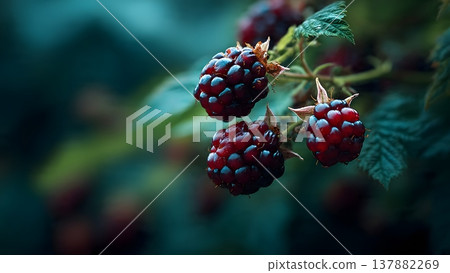 Close-up of fresh, ripe raspberries growing on a branch, with a dark, moody, and blurred background. 137882269