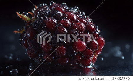 Extreme close-up of a single, juicy blackberry glistening with water droplets against a dark, moody background. 137882270