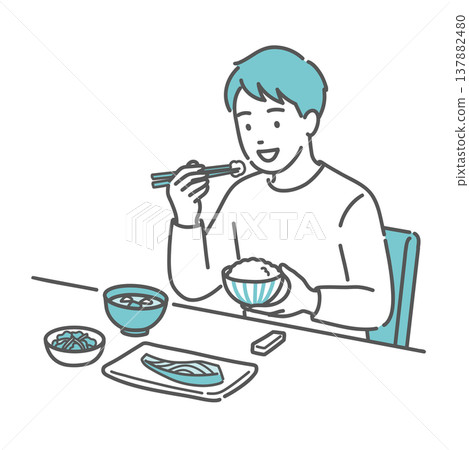 一幅描繪男子享用營養均衡的餐點（日式料理）的插圖。 137882480