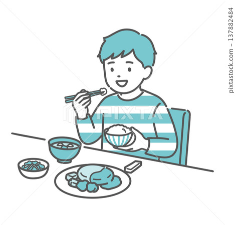 An illustration of a boy (child) eating a balanced meal. 137882484