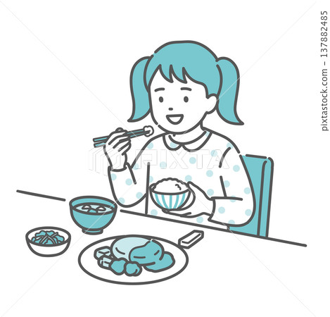 Illustration of a girl (child) eating a balanced meal Illustration of a girl (child) eating a balanced meal 137882485