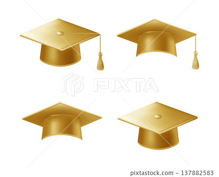 Realistic gold graduate caps set. 3D Graduation Doctoral hat 137882583