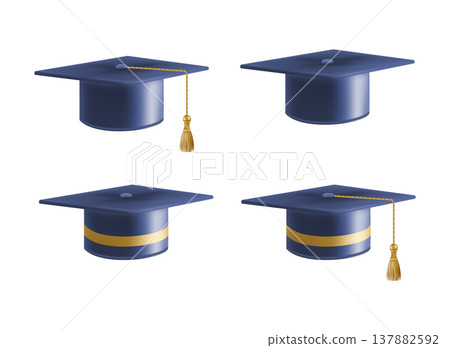 Realistic Blue graduate caps set. 3D Graduation Doctoral hat. 137882592