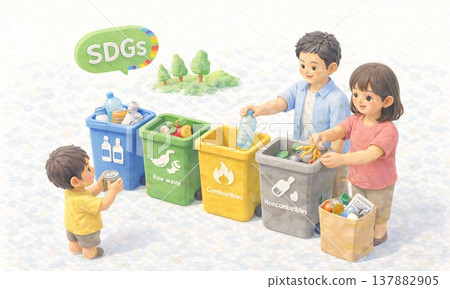 An illustration of a family engaging in eco-friendly activities, such as sorting waste with SDGs in mind. 137882905
