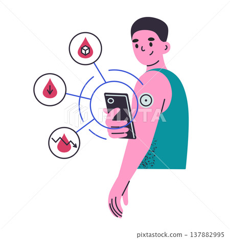 Flat cartoon man with continuous glucose monitor patch on arm, checking blood sugar level on smartphone app. Diabetes management and health tracking, wearable glucometer sensor vector illustration Flat cartoon man with continuous glucose monitor patch on arm, checking blood sugar level on smartphone app. Diabetes management and health tracking, wearable glucometer sensor vector illustration 137882995