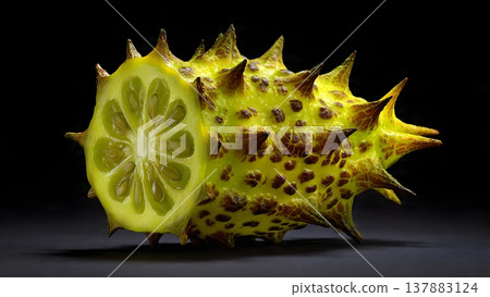 A vibrant, spiky kiwano melon (horned melon) sliced to reveal its jelly-like interior, set against a dark backdrop. A vibrant, spiky kiwano melon (horned melon) sliced to reveal its jelly-like interior, set against a dark backdrop. 137883124