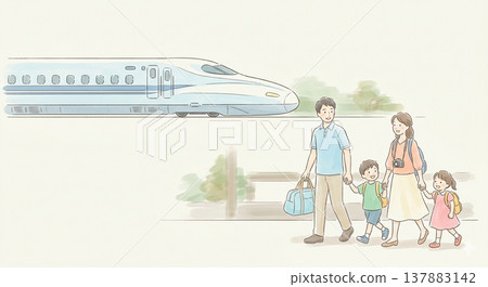 一幅簡單的插圖，描繪了一列子彈列車和一個家庭。 137883142