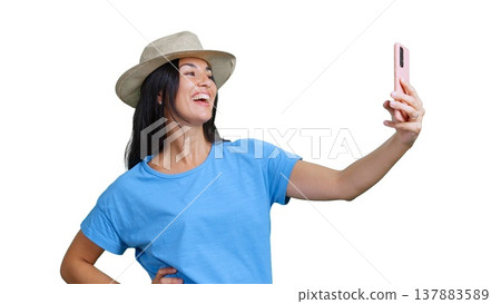 Woman traveler making selfie laughing on transparent background Woman traveler making selfie laughing on transparent background 137883589