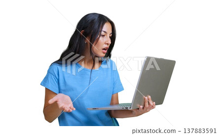 Woman looking confused at laptop transparent background Woman looking confused at laptop transparent background 137883591