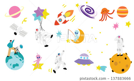 一組簡單可愛的太空主題插圖。 137883666