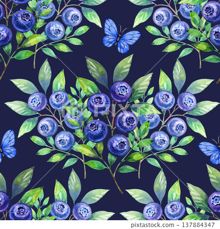 Charming watercolor pattern featuring lush blueberry bushes and small blue butterflies. Artistic botanical illustration with vibrant berries and green leaves, ideal for rustic textiles and home decor. Charming watercolor pattern featuring lush blueberry bushes and small blue butterflies. Artistic botanical illustration with vibrant berries and green leaves, ideal for rustic textiles and home decor. 137884347