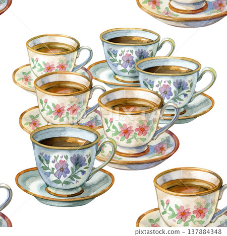 Seamless pattern featuring watercolor vintage teacups on a white background. This charming, rustic design is perfect for cafe decor, textiles, and kitchen-themed packaging. Seamless pattern featuring watercolor vintage teacups on a white background. This charming, rustic design is perfect for cafe decor, textiles, and kitchen-themed packaging. 137884348