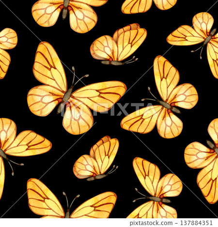 Scattered seamless pattern of watercolor yellow butterflies on a white background. This light and airy design is perfect for spring-themed textiles, wallpaper, and wrapping paper. Scattered seamless pattern of watercolor yellow butterflies on a white background. This light and airy design is perfect for spring-themed textiles, wallpaper, and wrapping paper. 137884351