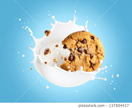 巧克力曲奇掉進牛奶裡－風味圖片素材 137884417