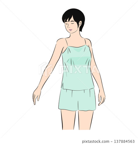 一位女性正在進行護膚的插圖；膚色較淺 137884563