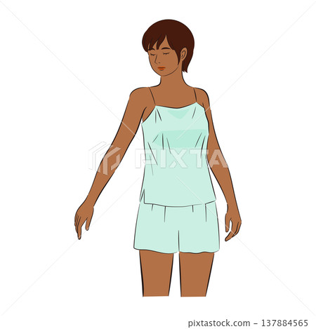 插圖描繪了一位膚色較深的女性正在進行護膚。 137884565
