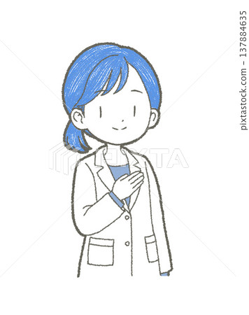 手繪插圖，描繪了一位身穿白大褂的女醫護人員，她一隻手放在胸口，正在指導病人。 137884635