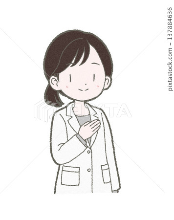 手繪插圖,描繪了一位身穿白大褂的女醫護人員,她一隻手放在胸口,正在指導病人。 手繪插圖,描繪了一位身穿白大褂的女醫護人員,她一隻手放在胸口,正在指導病人。 137884636