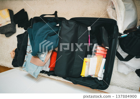 把你的旅行物品放進行李箱。 137884900