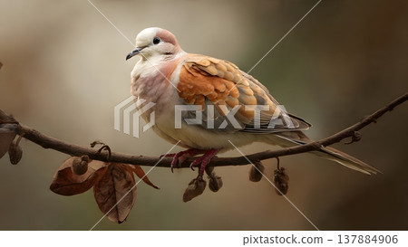 A detailed view of a Laughing Dove (Spilopelia senegalensis) resting on a tree branch, showcasing its plumage and gentle demeanor. 137884906