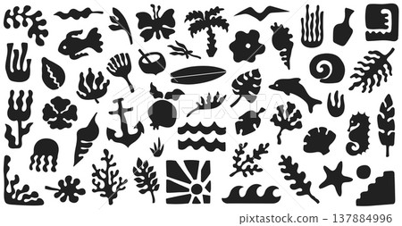 Tropical ocean symbol set, abstract marine silhouettes, boho summer icons. Branding, logo, sticker, packaging, surf shop, beach club, coastal decor assets. Vector illustration. Tropical ocean symbol set, abstract marine silhouettes, boho summer icons. Branding, logo, sticker, packaging, surf shop, beach club, coastal decor assets. Vector illustration. 137884996